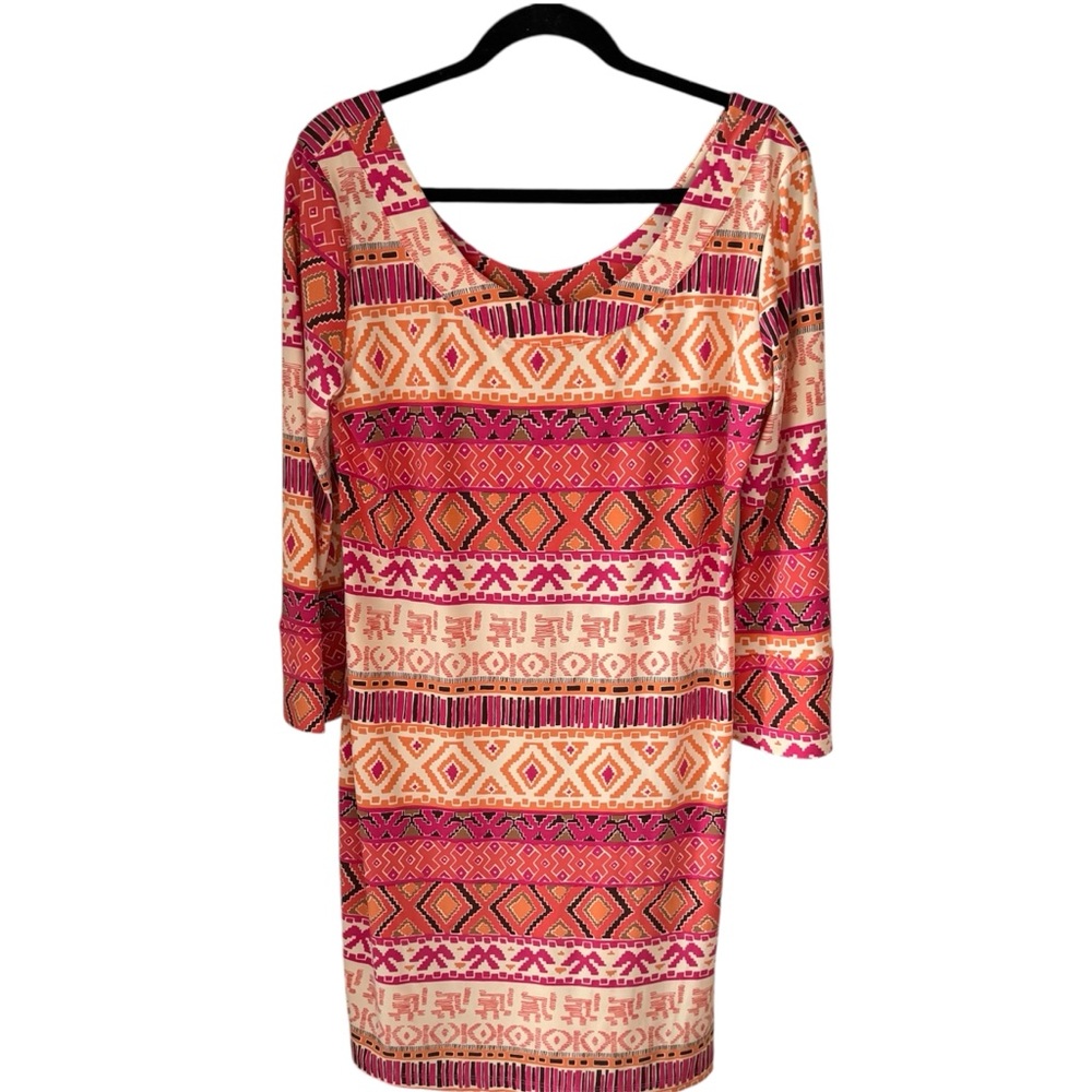 Tori Richard Pink, Cream & Orange Geometric Long Sleeve Shift